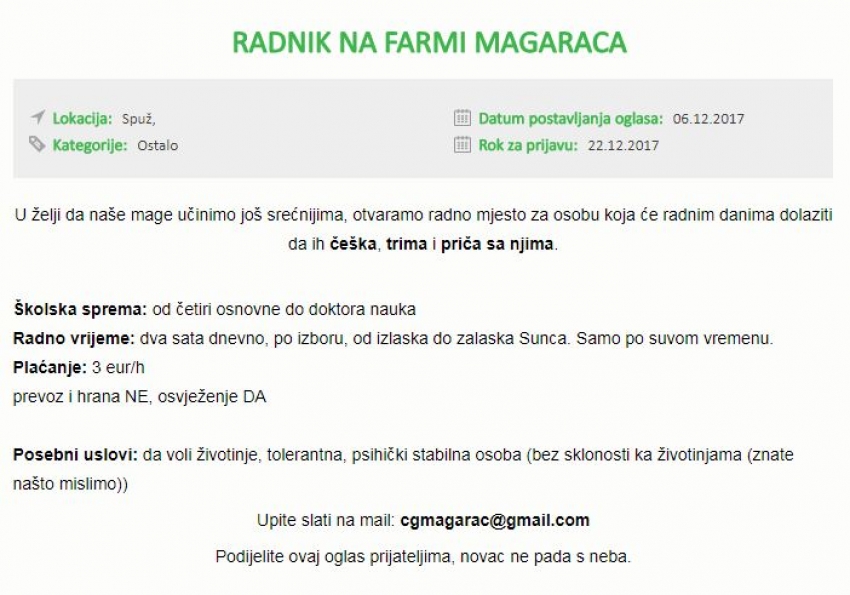 Oglas za posao u Spužu: Češkanje magaraca se plaća tri eura po satu