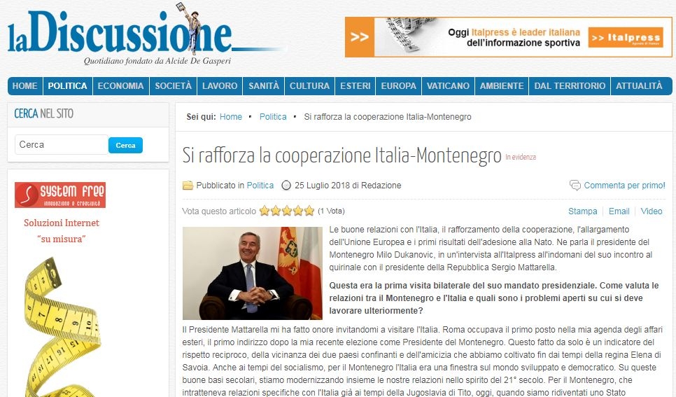 Kako su italijanski mediji izvijestili o Đukanovićevoj posjeti toj zemlji?