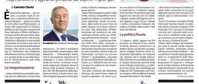 Corriere della Sera: Ulažite u Crnu Goru, to je država velikih ambicija