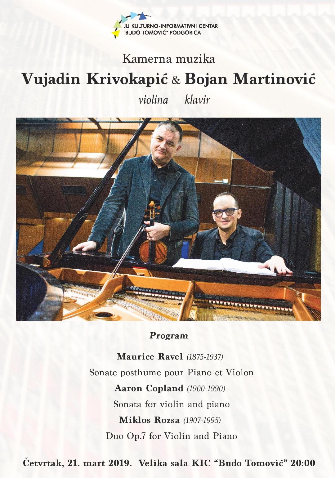 KIC: Koncert dua Vujadin Krivokapić i Bojan Martinović u četvrtak