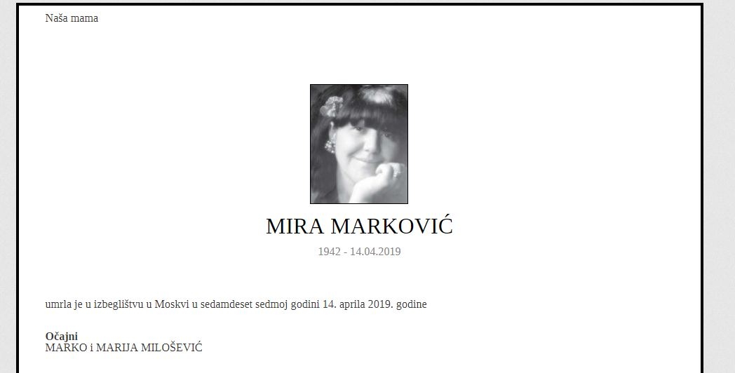 Djeca Mire i Slobodana Miloševića oprostila se čituljom od svoje majke