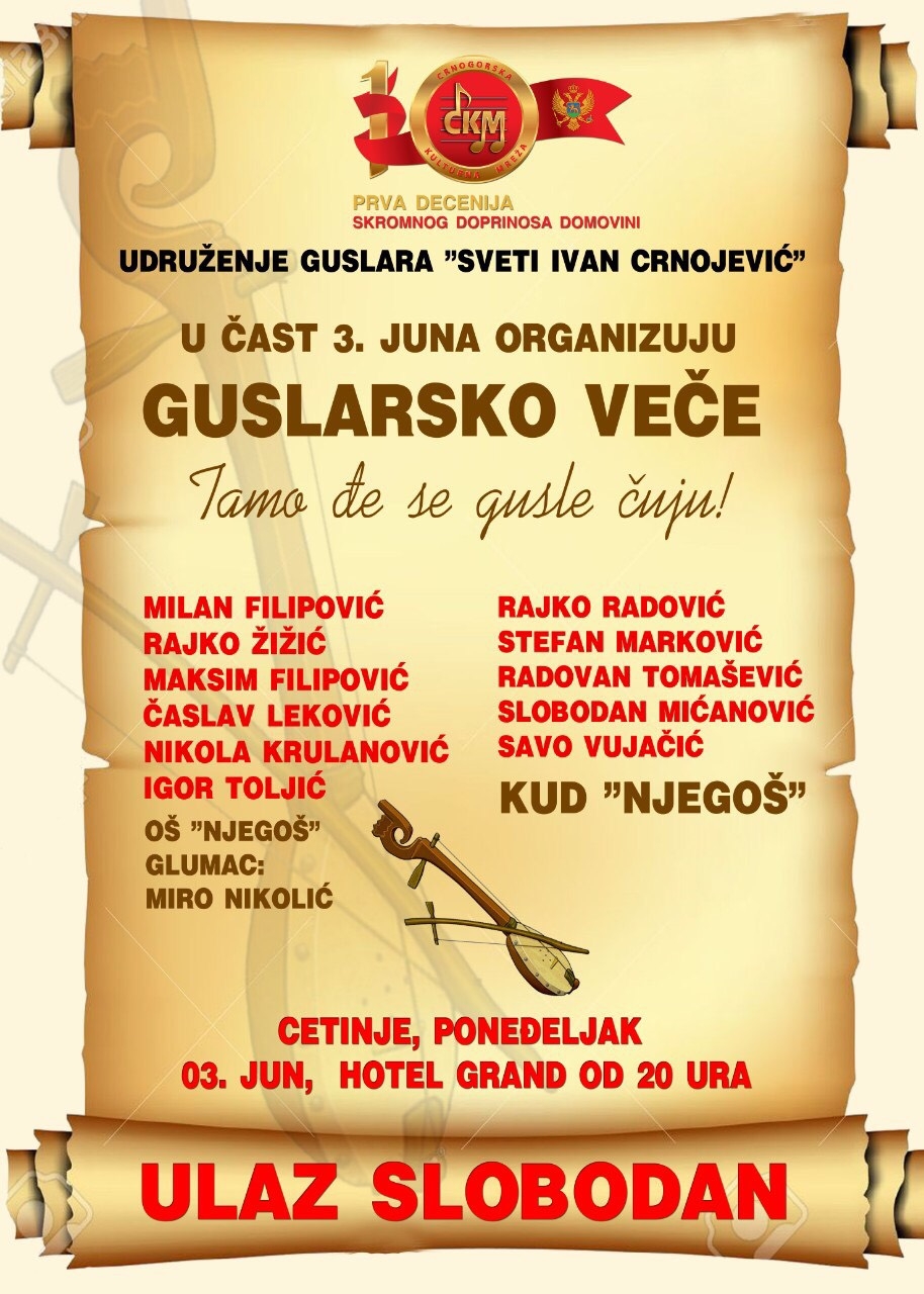 Guslarsko veče u čast 3. juna večeras na Cetinju: “Gusle kroz istoriju bile svetionik crnogorske slobode”