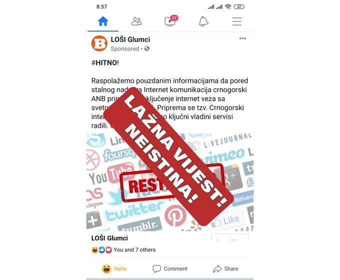 Vlada: Na društvenim mrežama plasirana lažna vijest da je internet u Crnoj Gori pod nadzorom