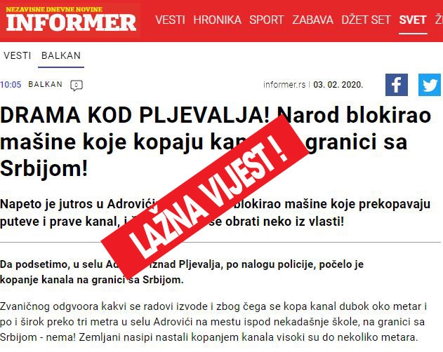 Uprava policije: Lažna vijest objavljena u pojedinim medijima u Srbiji da je bilo dramatično u Pljevljima