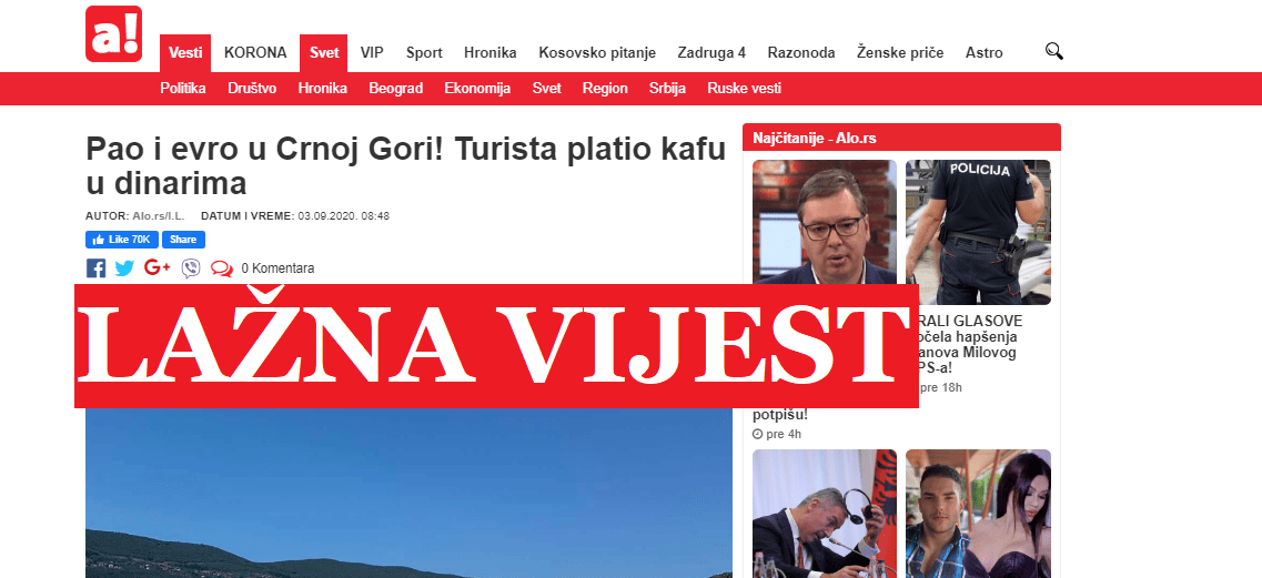 Lažne vijesti: “Pao i evro u Crnoj Gori! Turista platio kafu u dinarima”