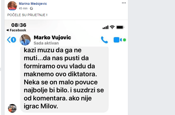 Marini Medojević stižu prijetnje: “Kaži mužu da ne muti”