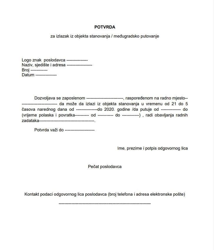 Ovako izgleda potvrda o potrebi kretanja zaposlenog
