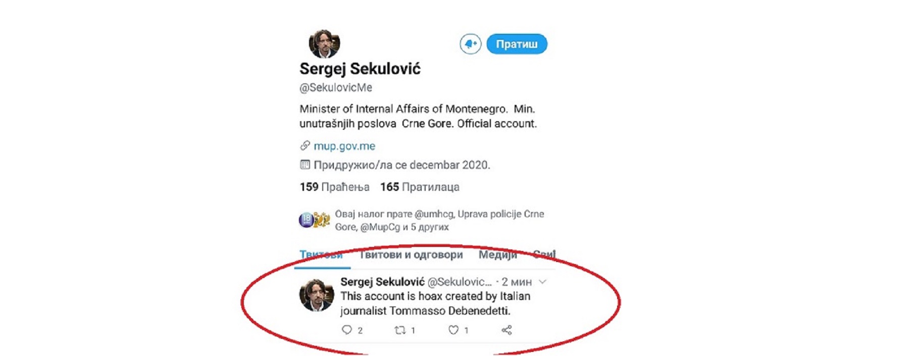Iza Tviter naloga Sekulovića stoji svjetski “internet prevarant” Tommaso Debenedetti