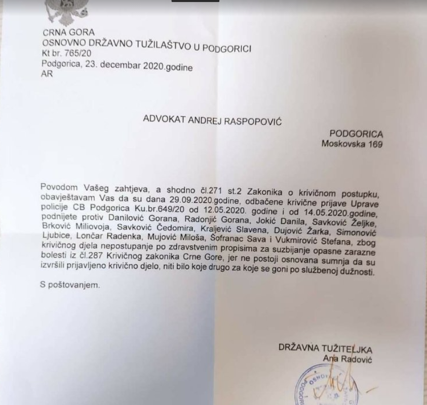 Tužilaštvo izdalo naloge a sada odbacilo krivične prijave protiv više osoba: Nisu prekršili mjere