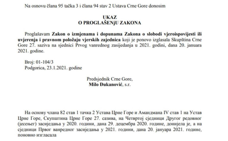 ZAKON O SLOBODI VJEROISPOVIJESTI STUPIO NA SNAGU