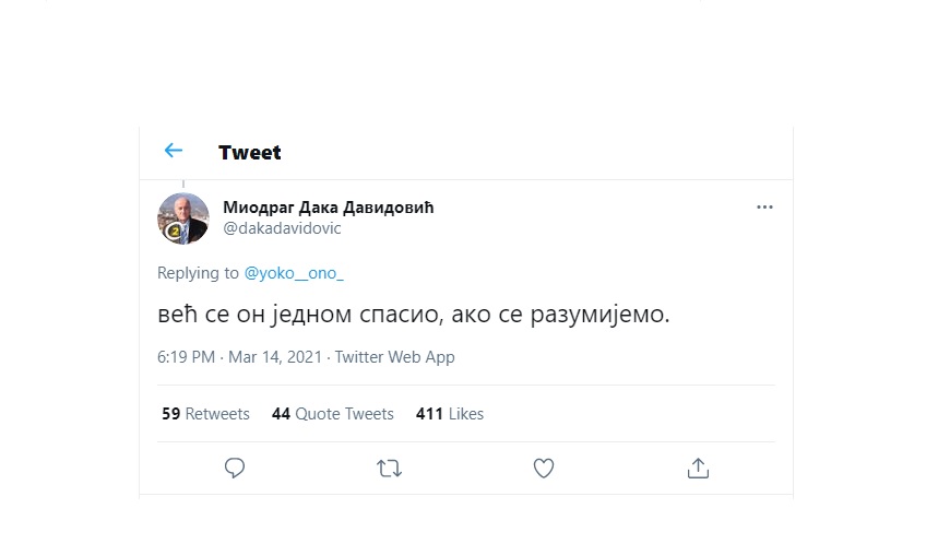 DAVIDOVIĆ NASTAVLJA DA PRAVI ”ŠOU” NA TVITERU: Poručio jednoj tviterašici da se njen bivši ”spasio”