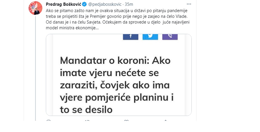 Bošković: Prisjetimo se šta je Krivokapić govorio o koroni, očekujem da sprovede u djelo najavljeni model ministra ekonomije