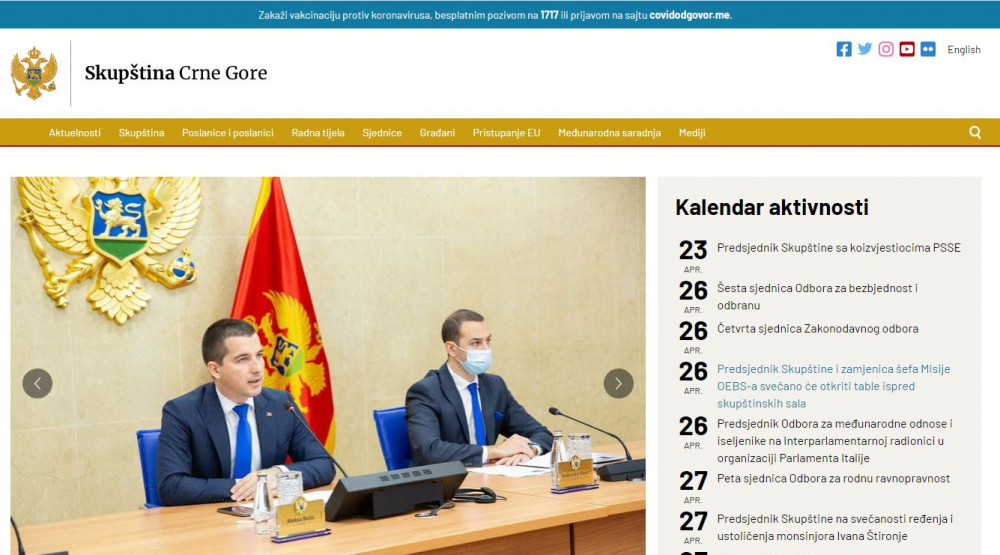 Baner sa informacijama o vakcinaciji na sajtu Skupštine