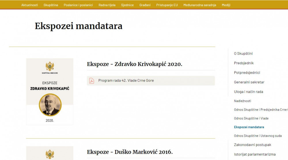Na sajtu Skupštine objavljeni ekspozei mandatara svih vlada Crne Gore