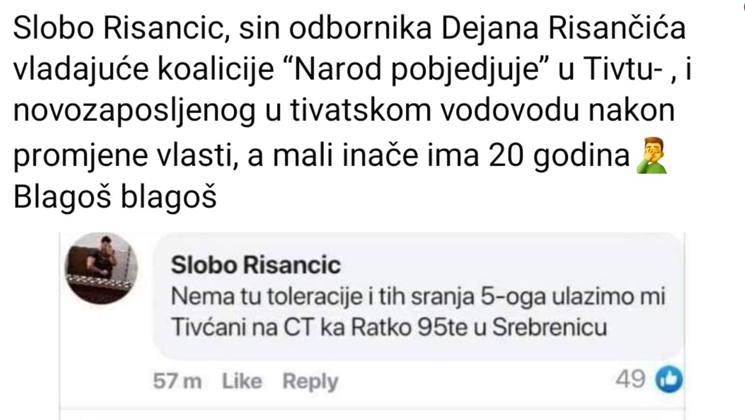 Sin odbornika Opštine Tivat: Mi Tivćani ulazimo na Cetinje, kao Ratko u Srebrenicu