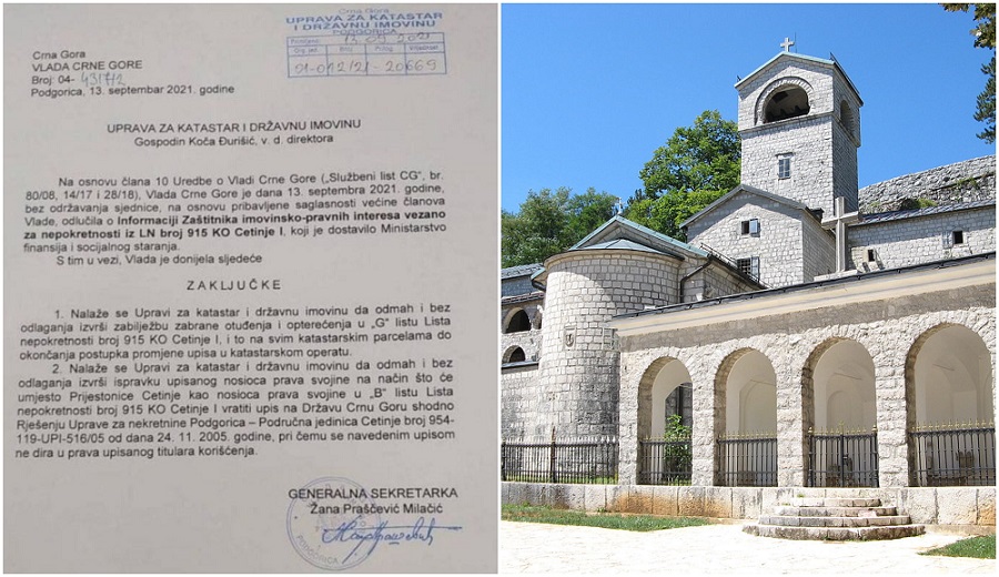 Vlada naložila katastru da Država od Prijestonice preuzme vlasništvo nad Cetinjskim manastirom