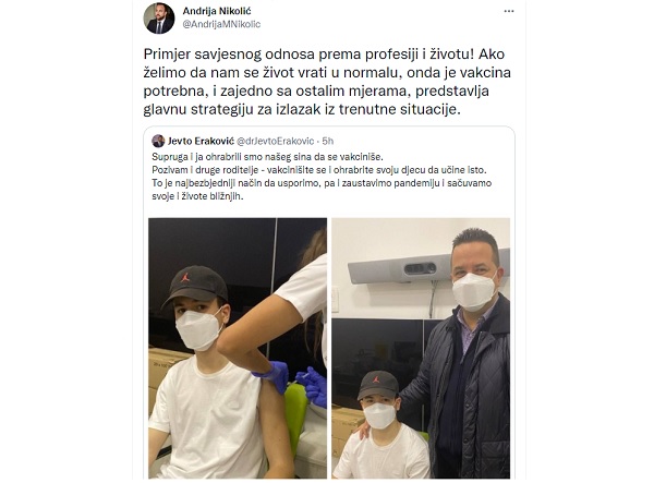 Nikolić o vakcinaciji Erakovićevog sina: Primjer savjesnog odnosa prema profesiji i životu