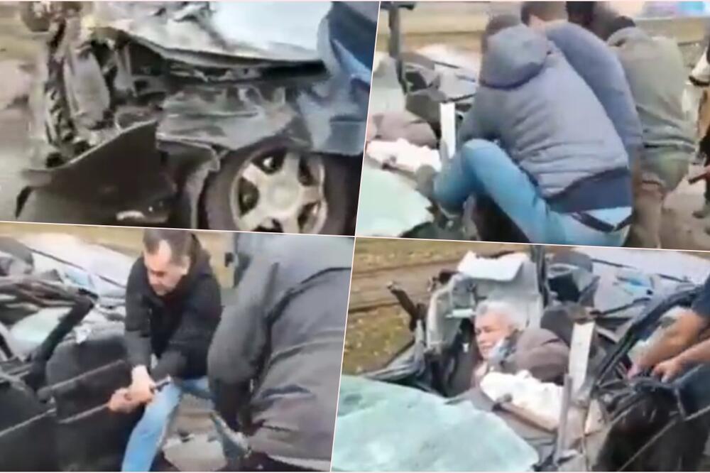 Ruski tenk smrskao automobil tokom vožnje: Građani pokušavaju da izvuku muškarca iz vozila
