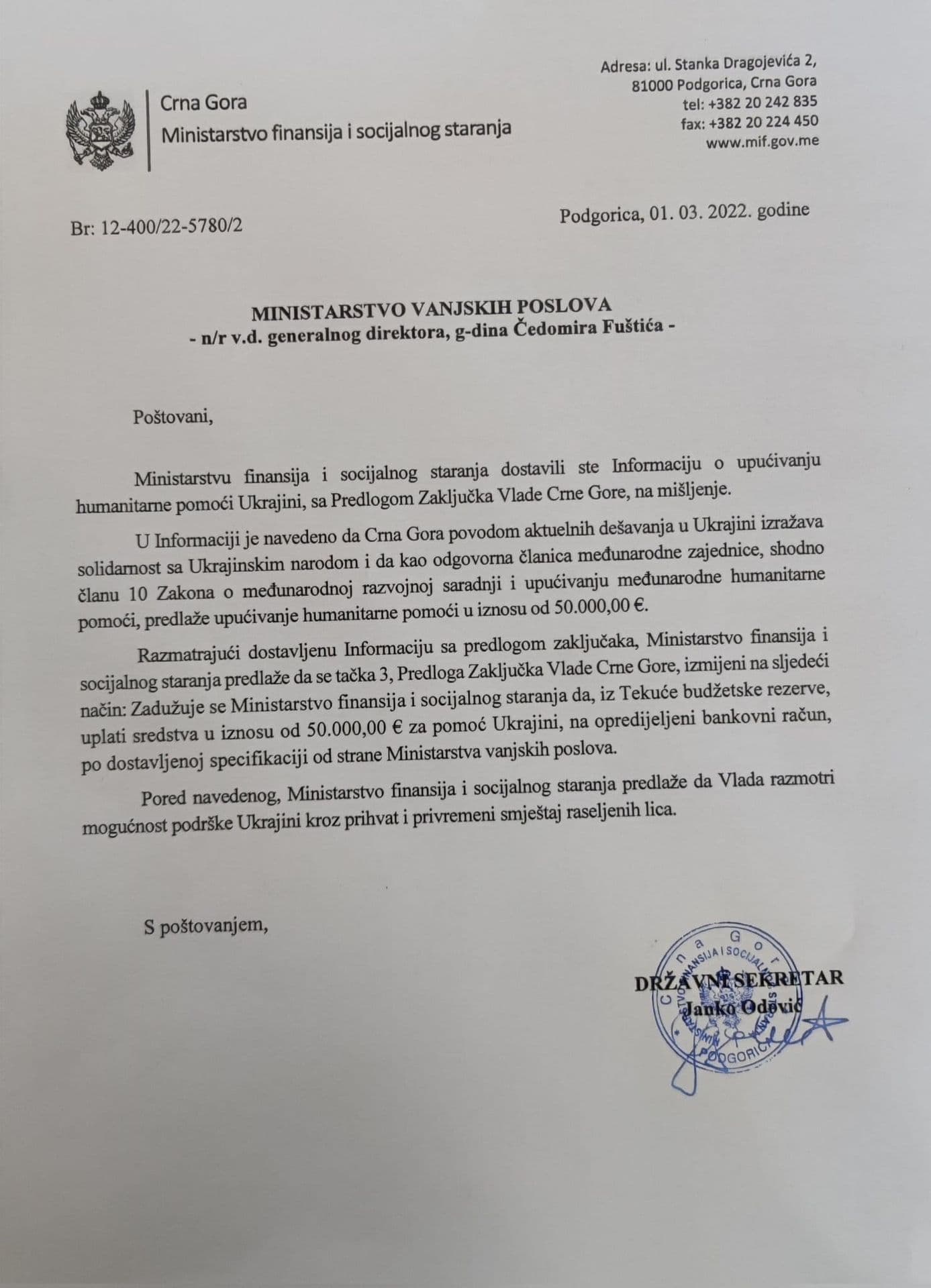 Crna Gora upućuje 50.000 eura pomoći Ukrajini, predloženo da se razmotri i prihvat izbjeglih lica