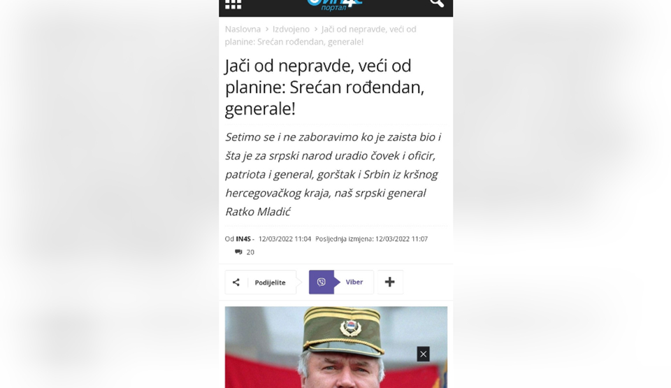 Obilježavanjem Mladićevog rođendana krši se Ustav, krivični i Zakon o javnom redu i miru