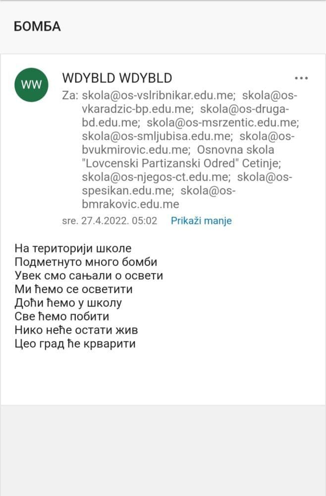 DOJAVE O PODMETNUTIM BOMBAMA: Obustavljena nastava u školama, u toku evakuacija iz opštinskih zgrada u Baru, Plavu, Nikšiću