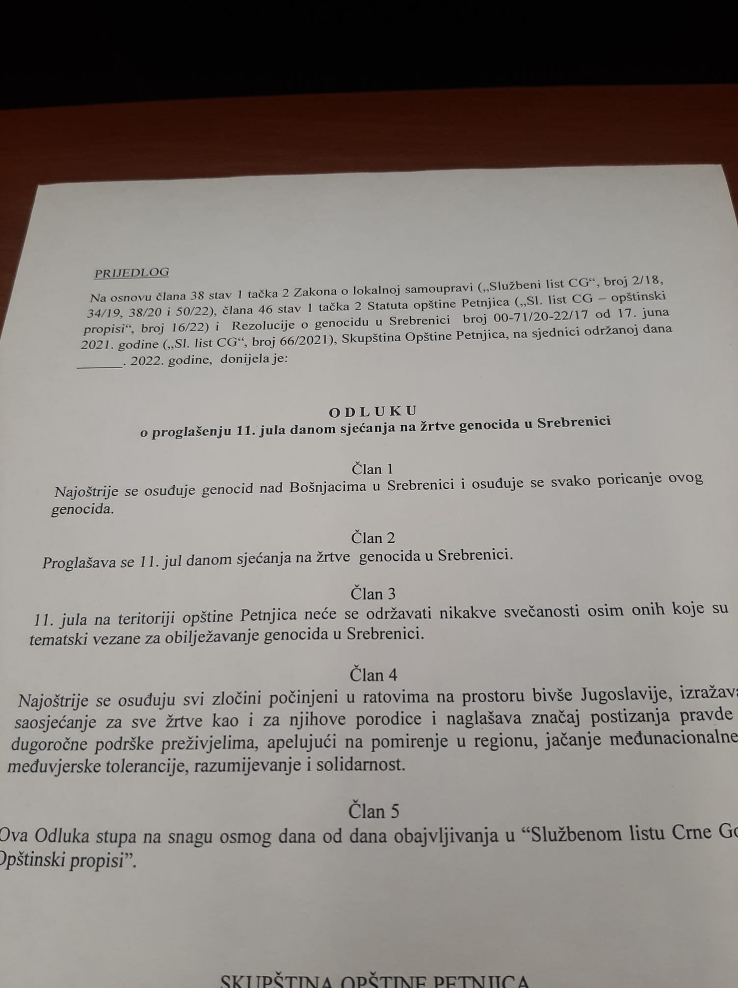 Skupština Petnjice usvojila Odluku o obilježavanju 11.jula – Dana genocida u Srebrenici