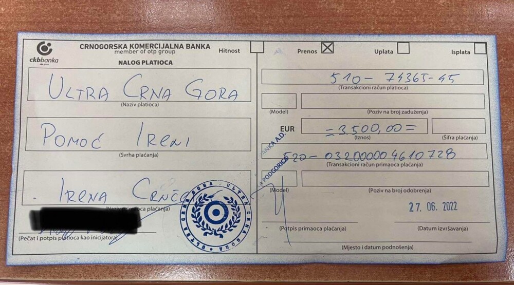 Ultra Crna Gora višak sredstava sakupljenih za kupovinu kombija uplatili za liječenje Irene Crnčević