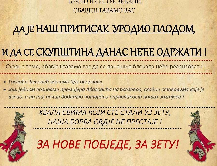 Odbor za spas Zete: Danas bez blokade puta Podgorica – Bar