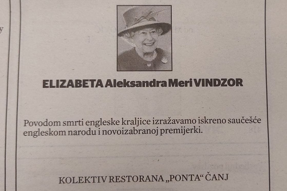 Restoran iz Čanja čituljom se oprostio od kraljice Elizabete II