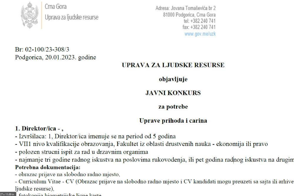 Tajni konkurs za direktora Uprave prihoda i carina