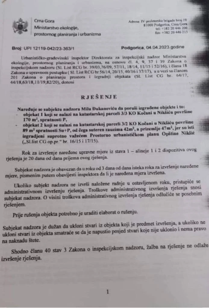 Urbanističko–građevinska inspekcija traži od Đukanovića da sruši svoje objekte u Nikšiću