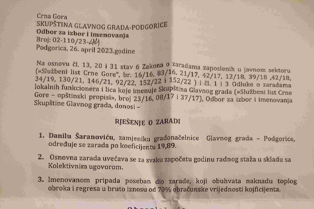 Šaranović primio četiri poslaničke plate nakon imenovanja za zamjenika gradonačelnice