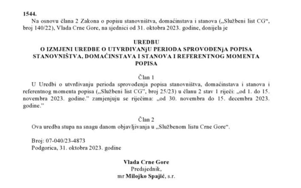 Službeni list objavio odluku Vlade o odlaganju popisa