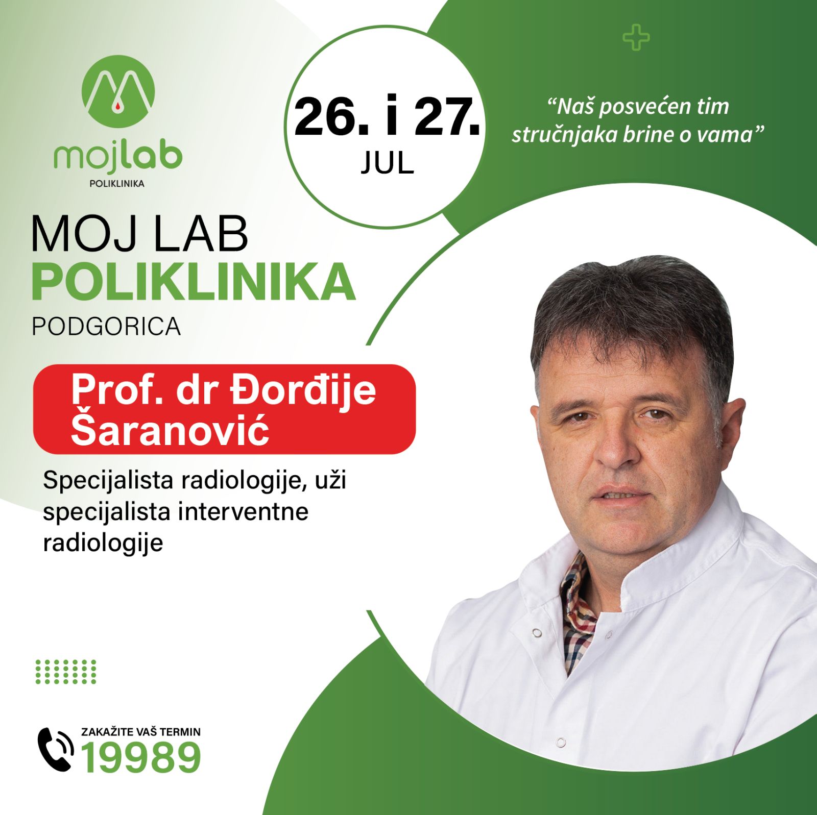 Prof. dr Šaranović u poliklinici Moj Lab 26. i 27. jula