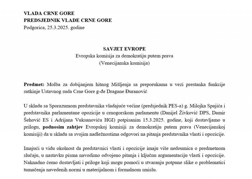 (FOTO) Šta piše u obraćanju koje će premijer Spajić uputiti Venecijanskoj komisiji?