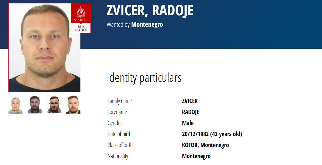 Od danas vidljiva crvena međunarodna potjernica za Radojem Zvicerom
