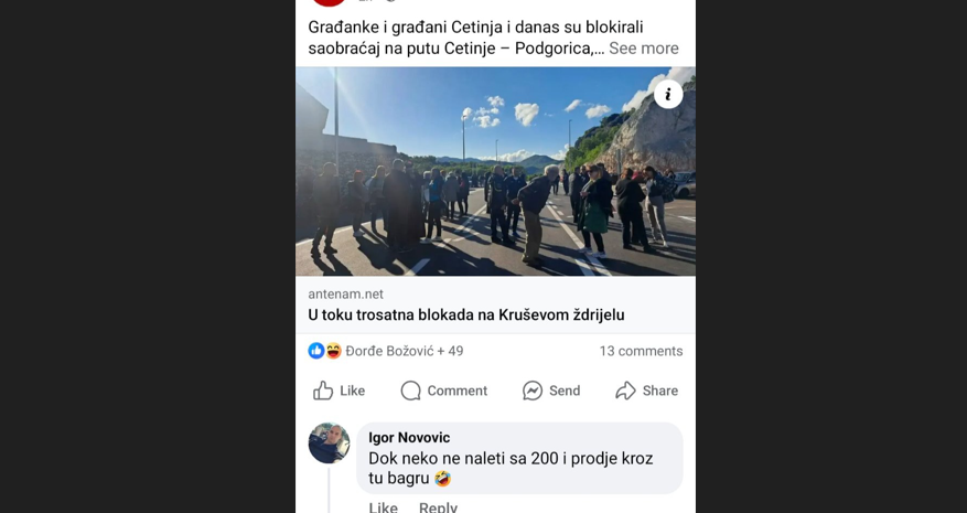 Novović se tereti za izazivanja mržnje nakon komentara: Dok neko ne naleti sa 200 i prođe kroz tu bagru