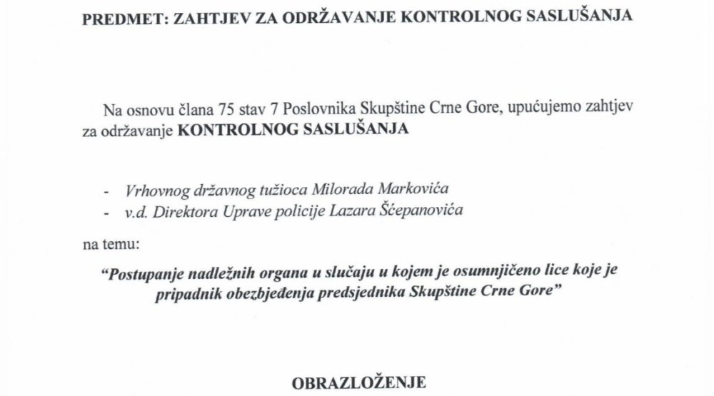 Slučaj Danila Mandića: Opozicija ponovo traži kontrolno saslušanje Milorada Markovića i Lazara Šćepanovića