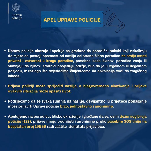 Policija apeluje na građane: Prijavite nasilje, sumnje da neko posjeduje oružje, prijeteće ponašanje…
