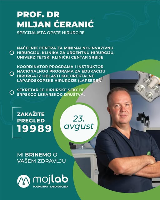 Prof. dr Ćeranić 23. avgusta u klinici Moj Lab