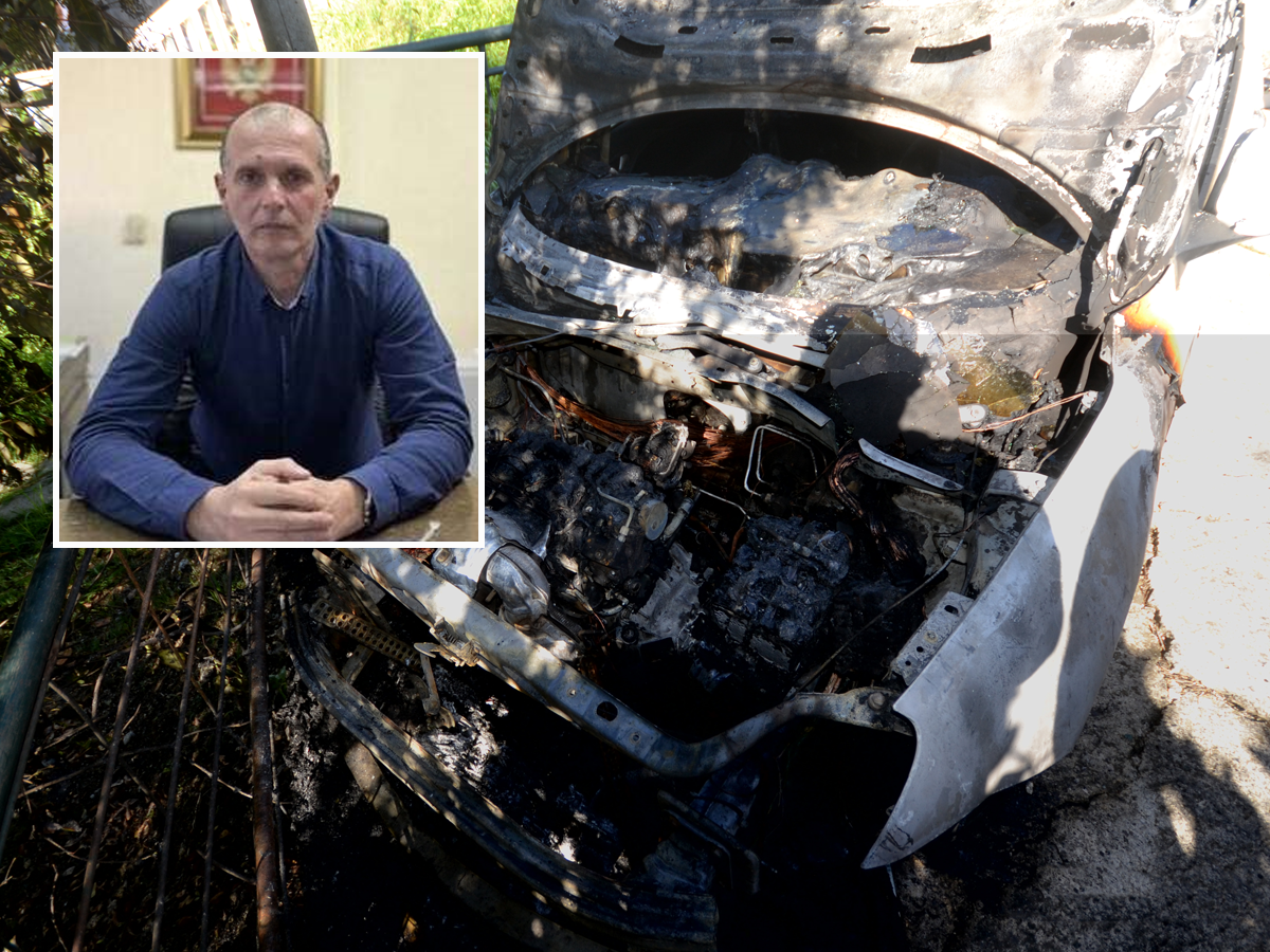 ZABRANA ,,ŠIRENJA INFORMACIJA": Knežević i slika zapaljenog automobila marke ,,alfa romeo" (Foto: UGC )
