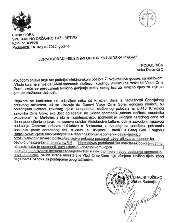 SDT odgovorilo CHO: Za tužilaštvo podizanje i izmještanje spomenika Pavlu Đurišiću nisu krivična djela