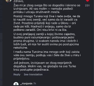 Turčin se izvinjava i poziva na razumijevanje: Ne sudite svima po postupcima nekolicine