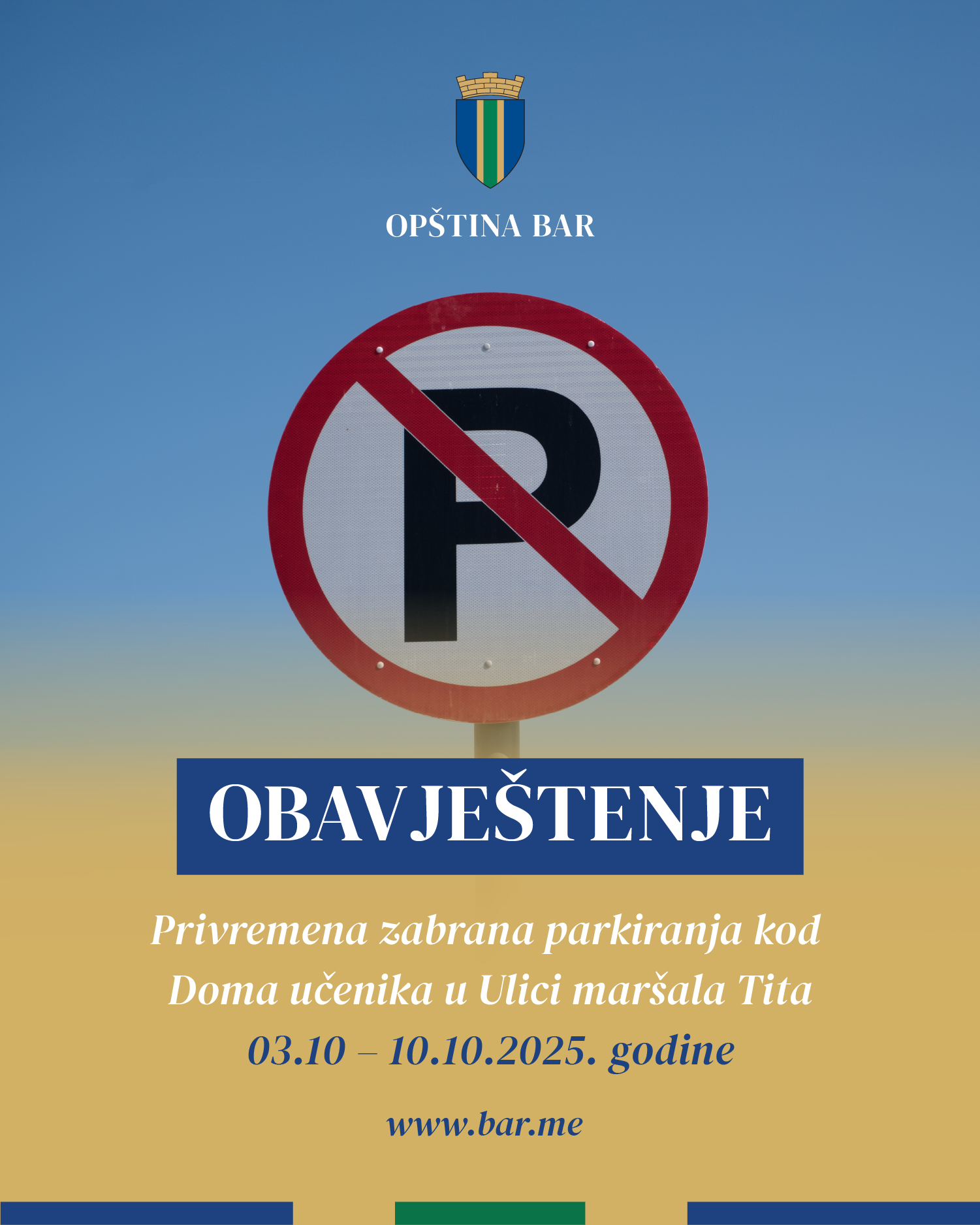 Opština Bar: Privremena zabrana parkiranja na parking prostoru kod Doma učenika