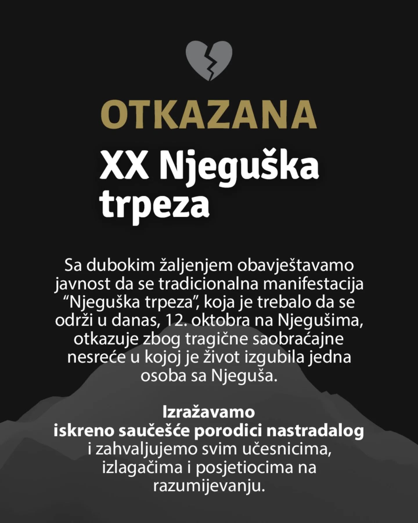 TO Cetinje: ,,Njeguška trpeza” otkazana zbog tragične saobraćajne nesreće