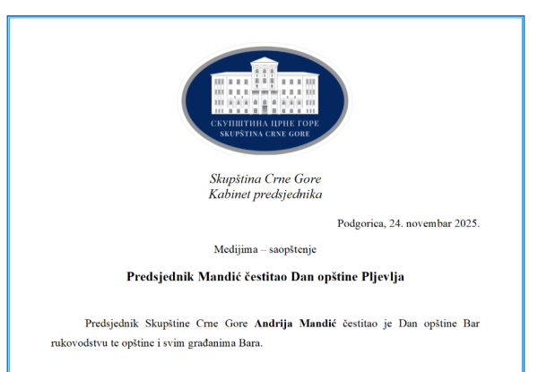 (FOTO) Mandićeva čestitka za Dan opštine Bar naslovljena na Pljevlja