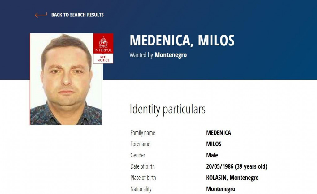 Na zahtjev Crne Gore Interpol raspisao crvenu potjernicu za Medenicom