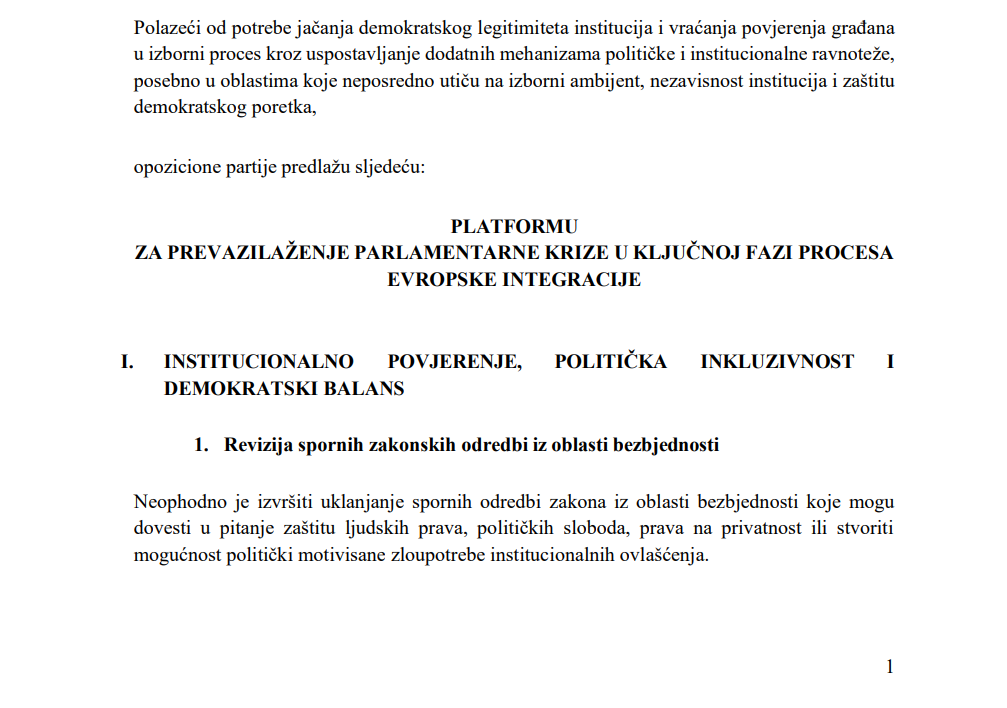 Pogledajte šta piše u platformi za prevazilaženje krize, koju je opozicija ponudila vlasti