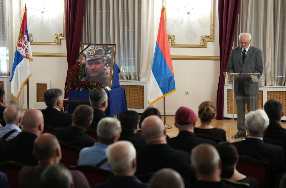 Former Serbia-Montenegro chief of Staff Gen. Branko Krga speaks during a commemoration ceremony for former Bosnian Serb wartime general Ratko Mladic in Belgrade, Serbia, Saturday, Sept. 5, 2026. (AP Photo/Darko Vojinovic)